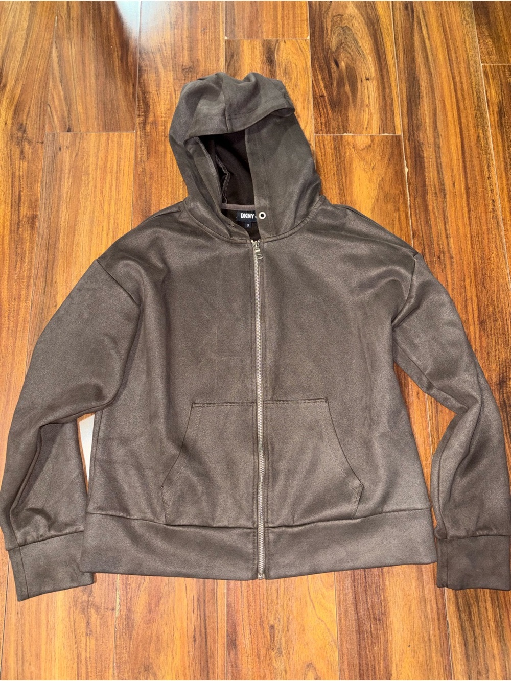 DKNY Dark Brown Suede Hooded Zip-Up Bomber Jacket